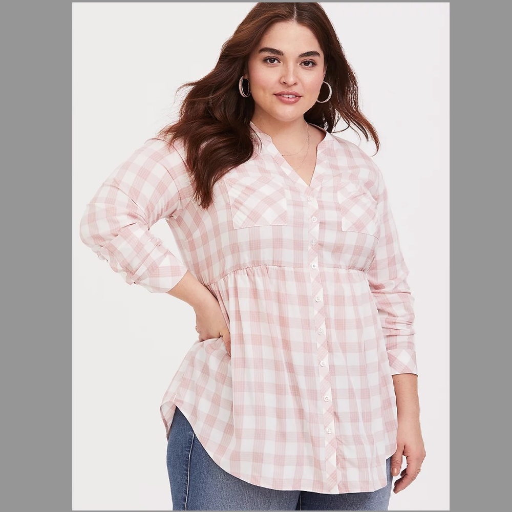 Torrid Pink Babydoll Twill Button-Front Tunic Blouse Top